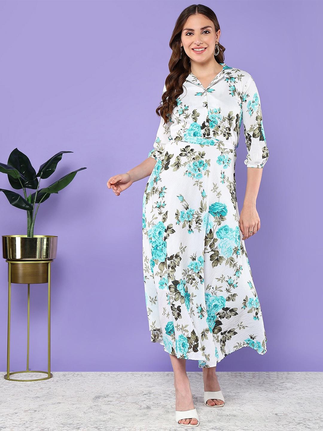 baesd floral printed lapel collar puff sleeves cotton fit & flare midi dress with belt