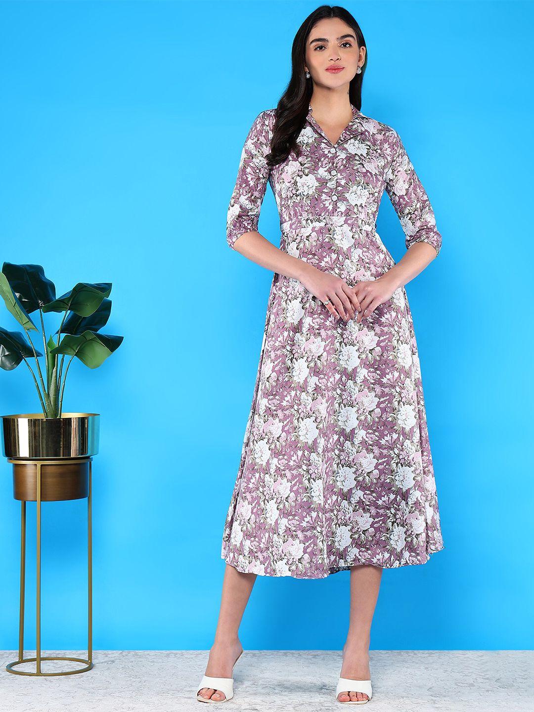 baesd floral printed lapel collar puff sleeves cotton fit & flare midi dress with belt