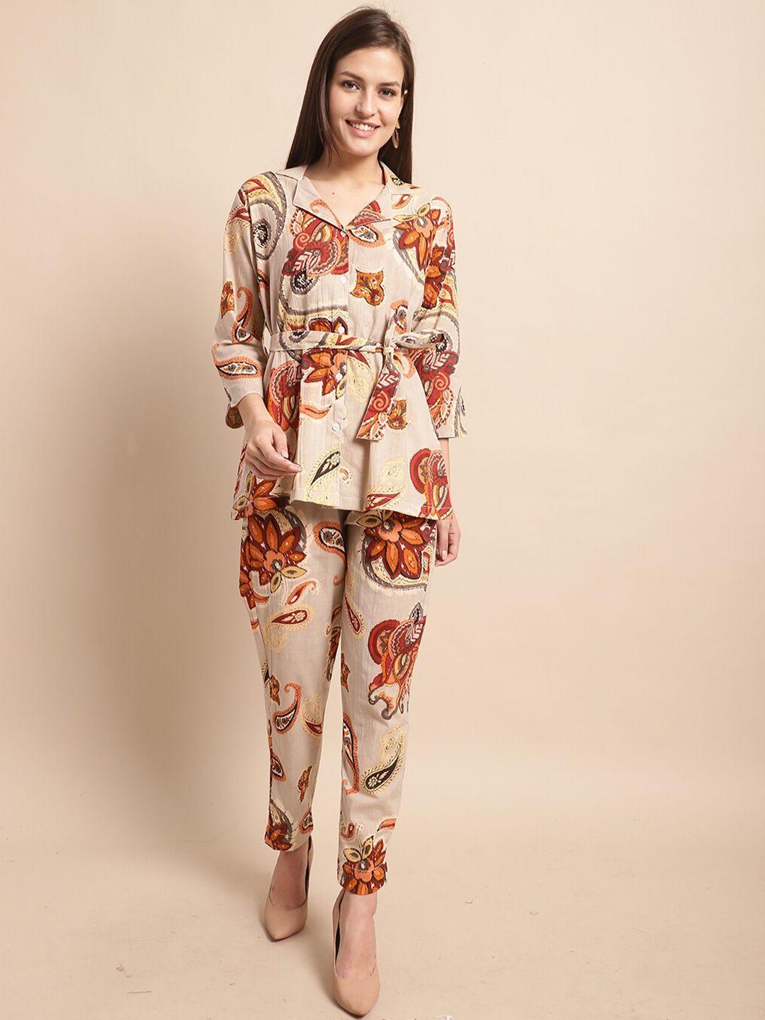 baesd floral printed lapel collar pure cotton shirt & trousers pant co-ord set