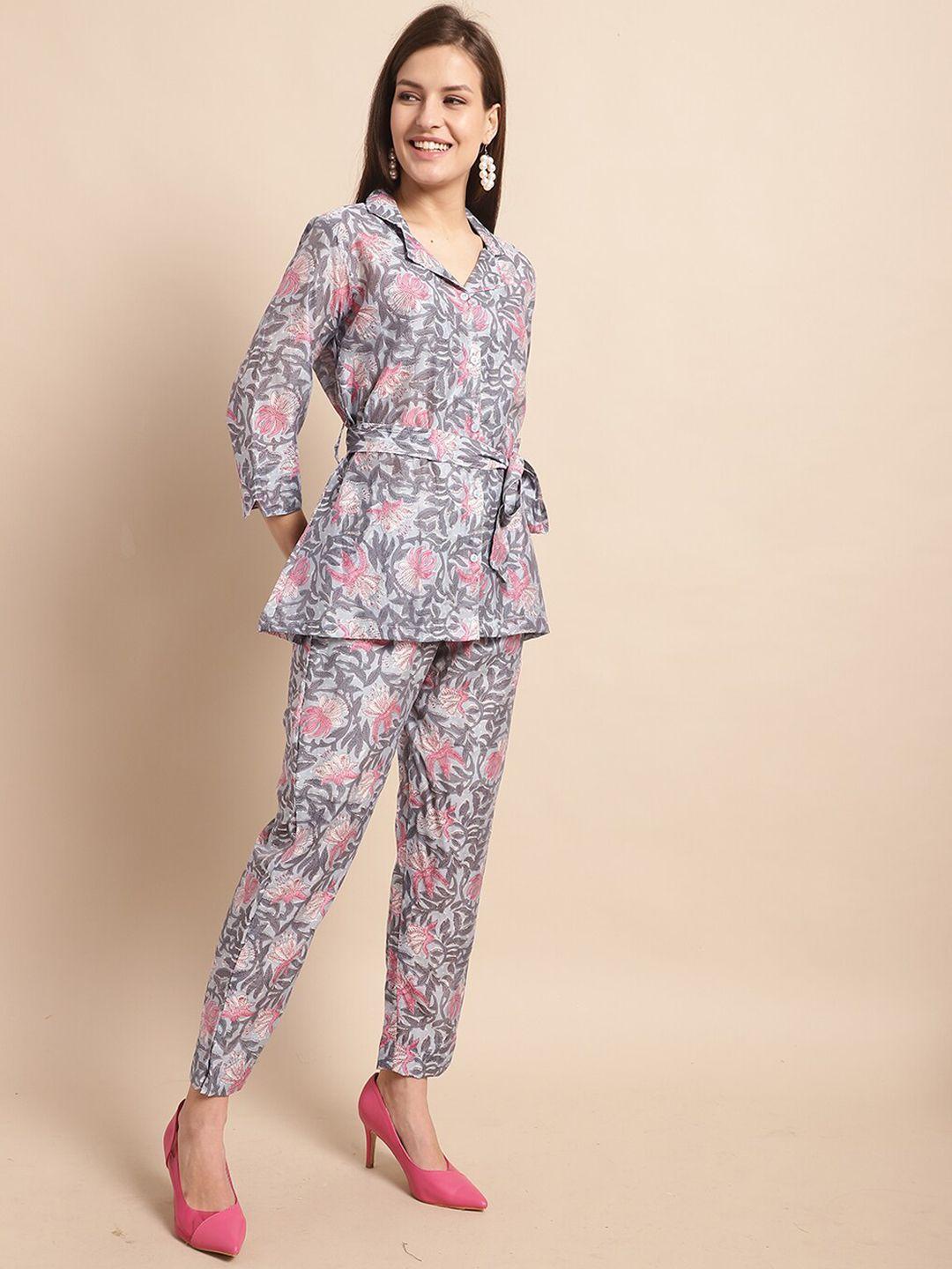 baesd floral printed lapel collar pure silk shirt & trousers pant co-ord set