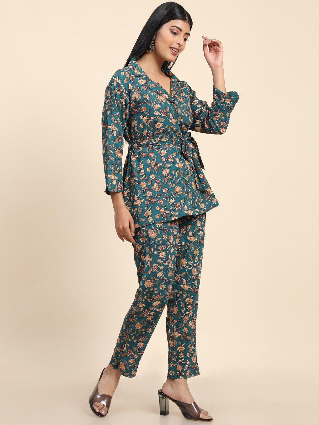 baesd floral printed lapel collar top & boot-cut wrinkle free trousers pant co-ord set