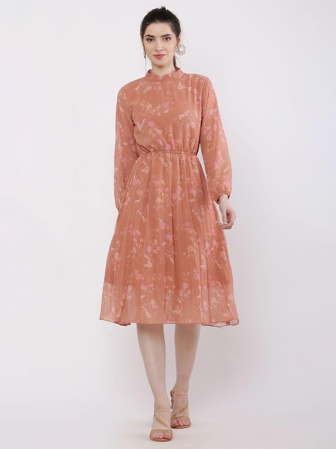 baesd floral printed mandarin collar puff sleeve pleated georgette fit & flare midi dress