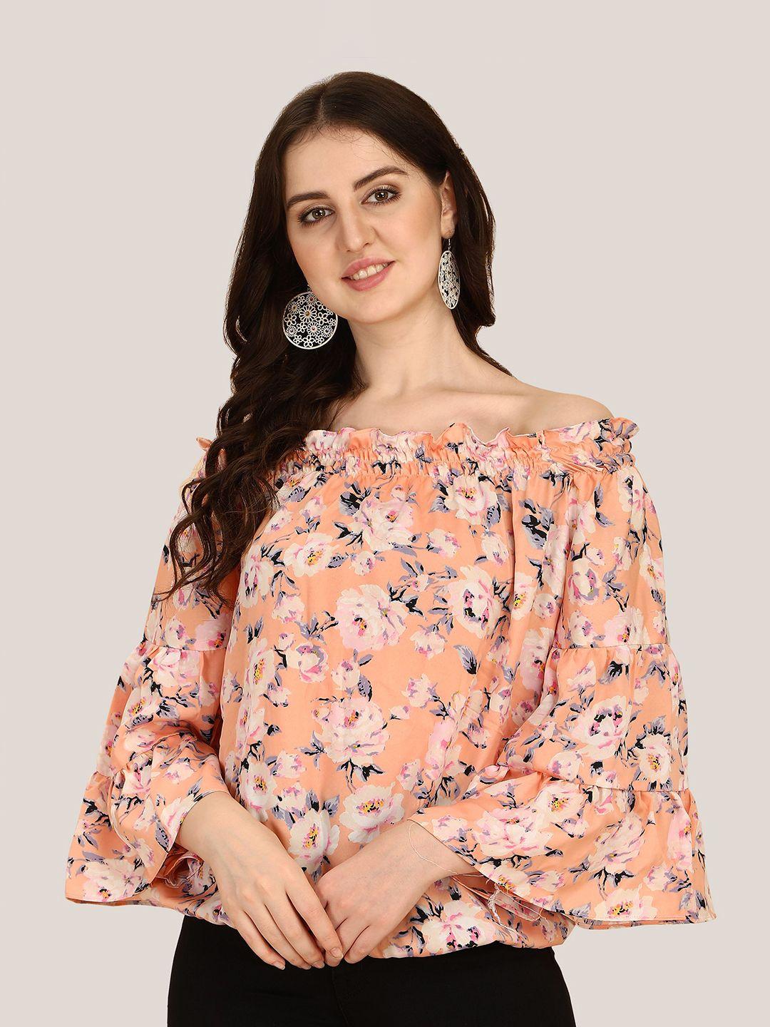 baesd floral printed off-shoulder flared sleeves smocked bardot top