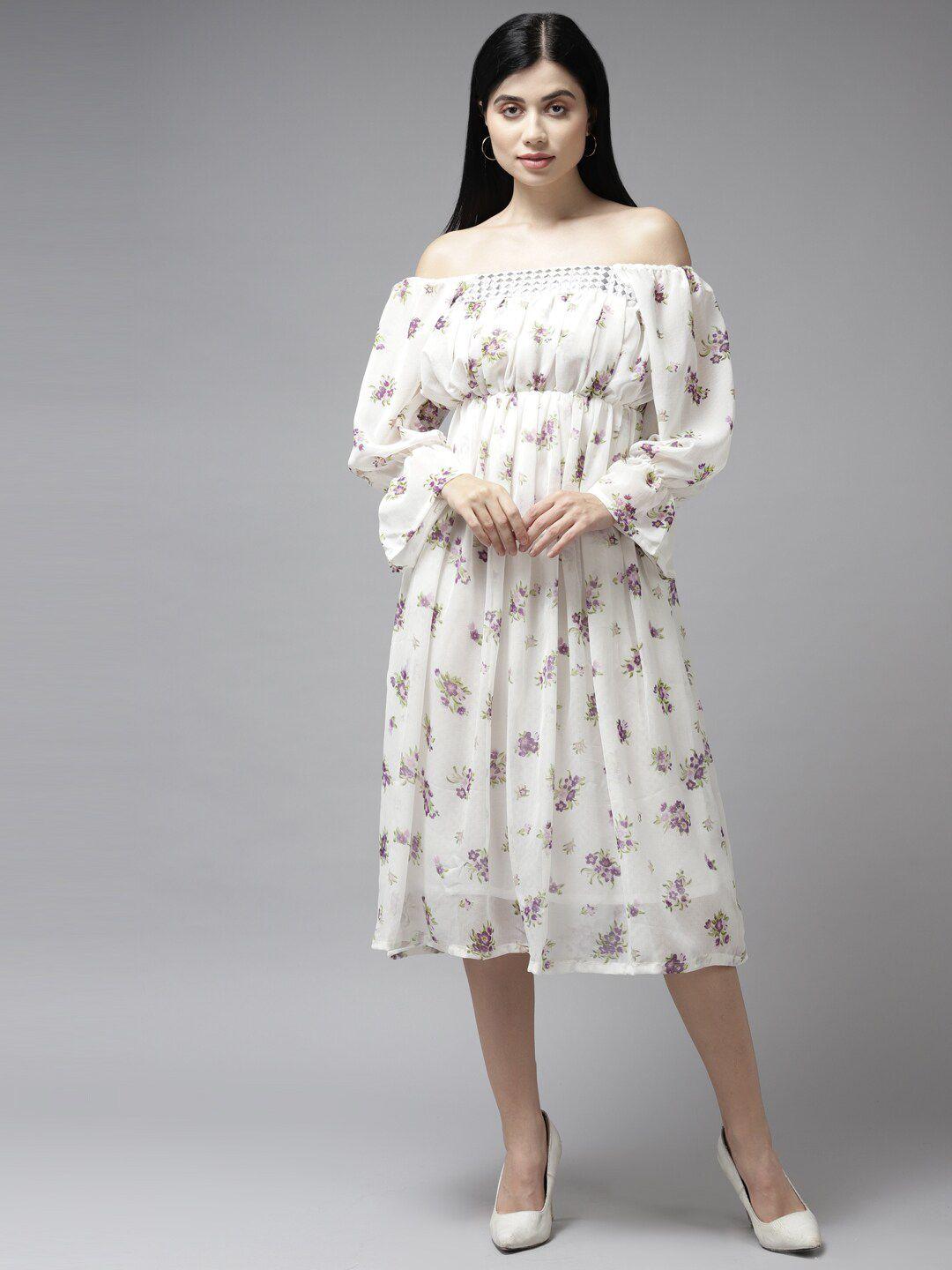 baesd floral printed off-shoulder puff sleeve georgette empire midi dress