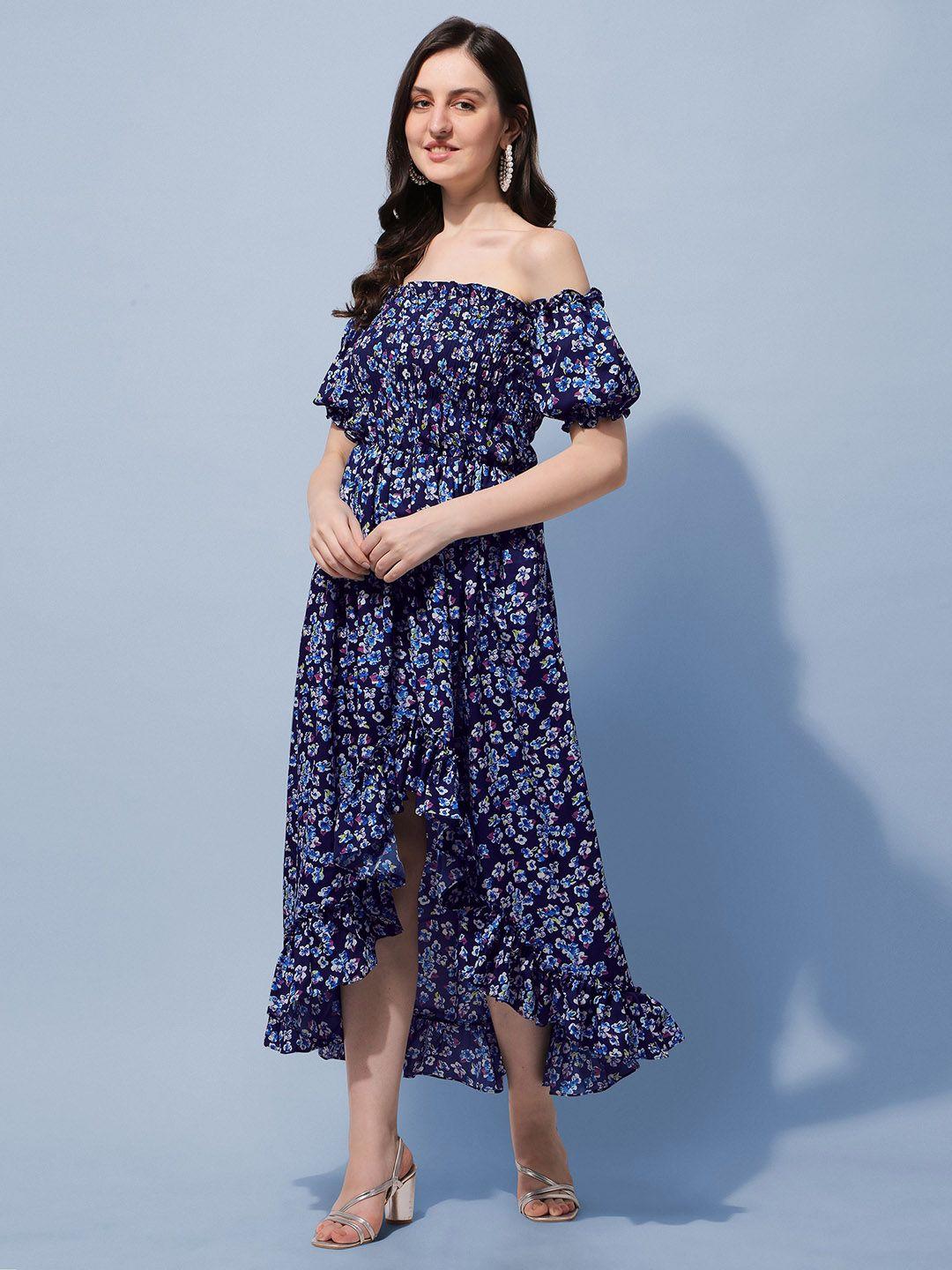 baesd floral printed off-shoulder puff sleeves ruffles detail fit & flare midi dress