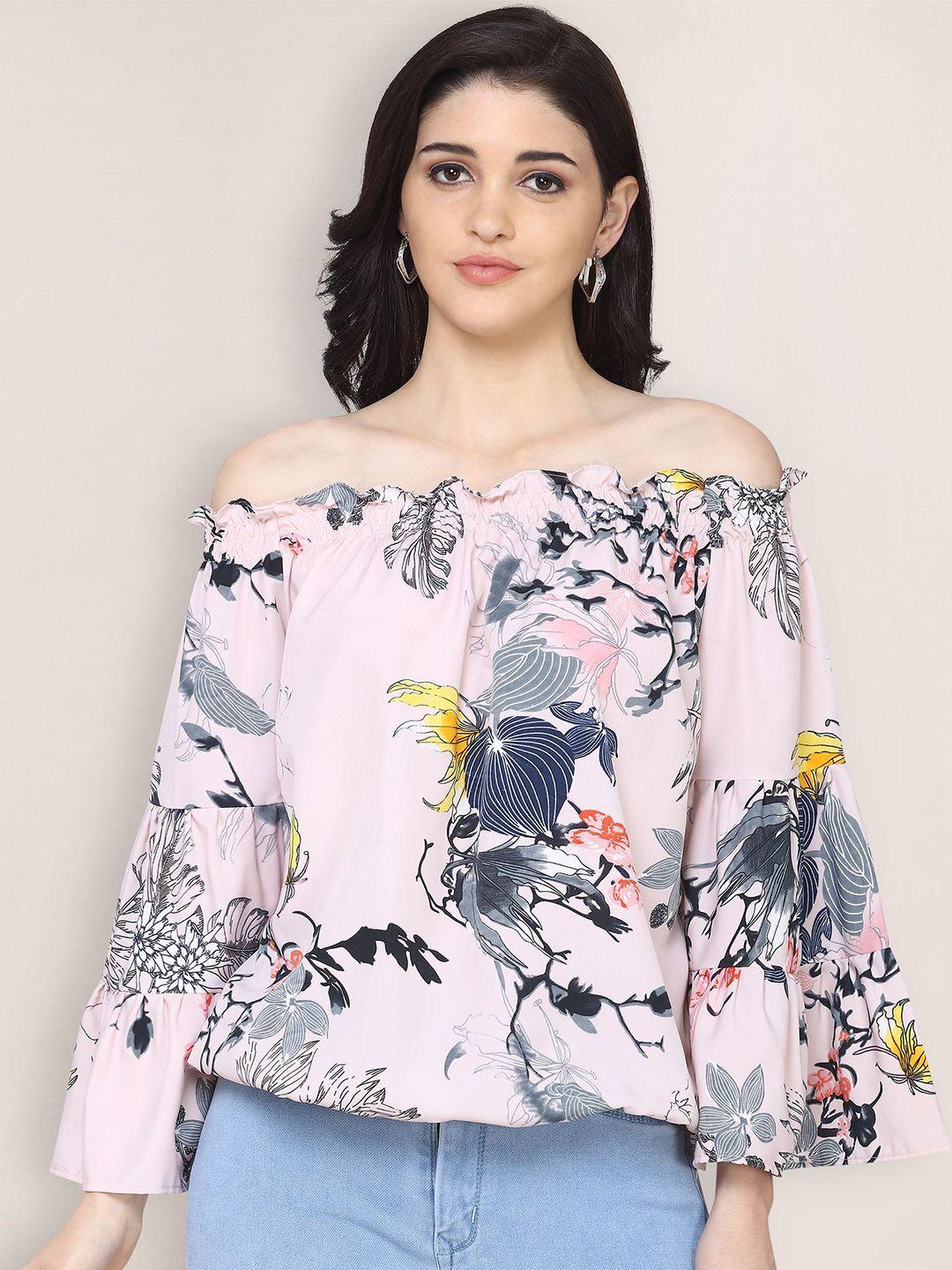 baesd floral printed off-shoulder smocked bardot top