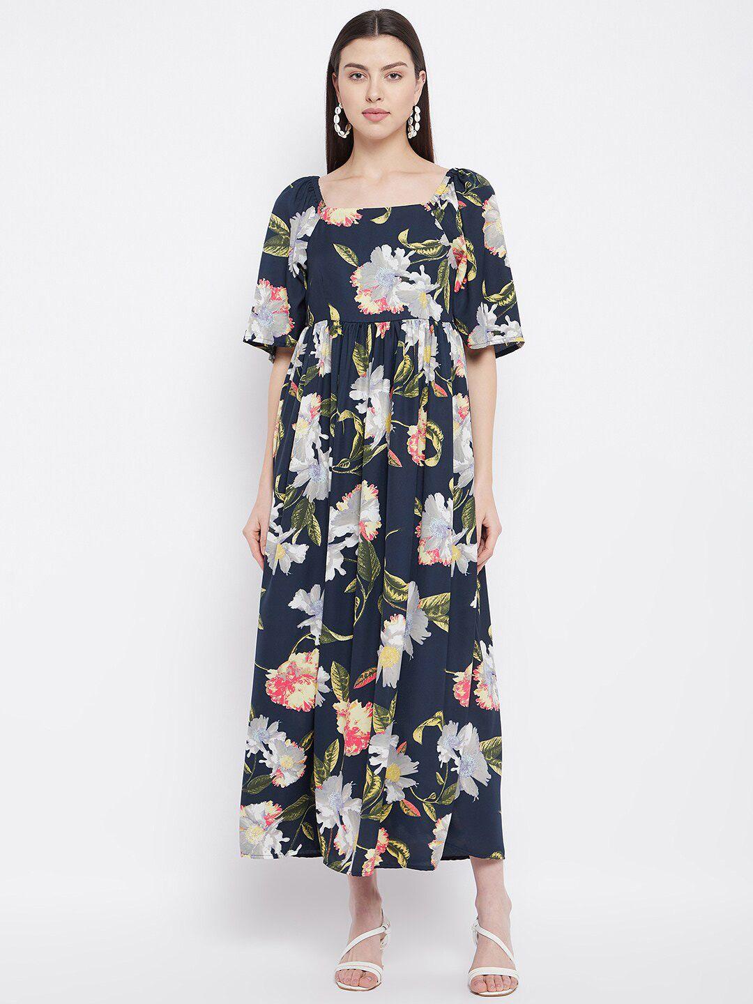 baesd floral printed pleated square neck puff sleeve a-line dress