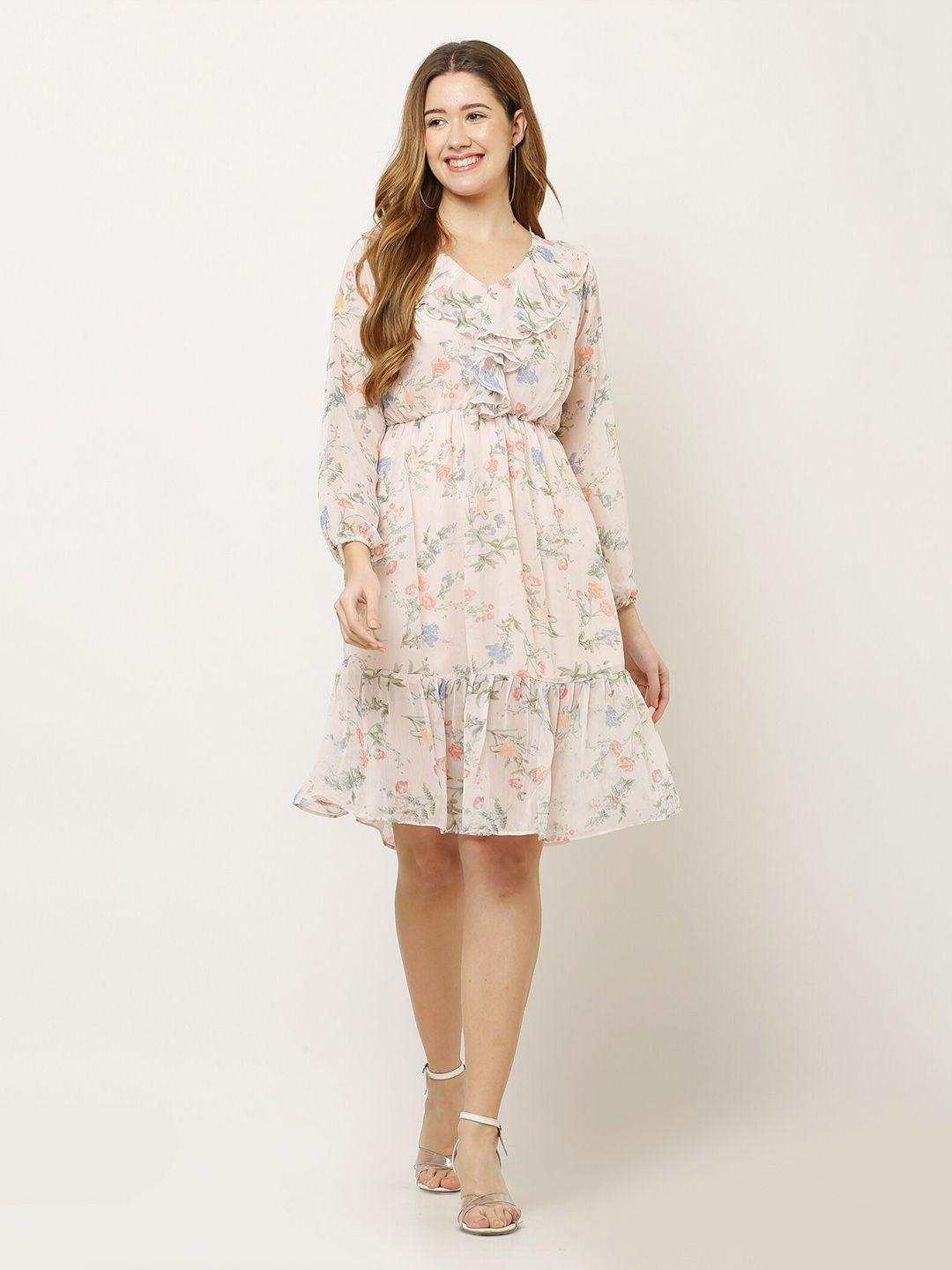 baesd floral printed puff sleeve chiffon fit & flare dress