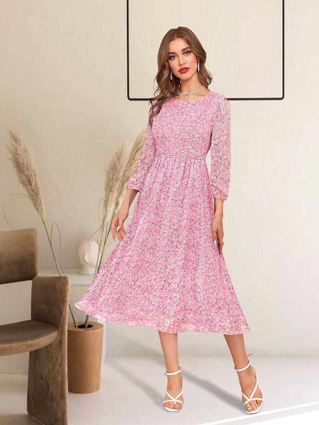 baesd floral printed puff sleeve fit and flare midi dress
