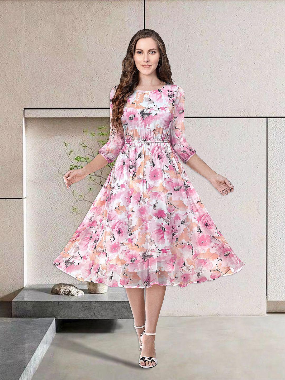 baesd floral printed puff sleeve fit and flare midi dress
