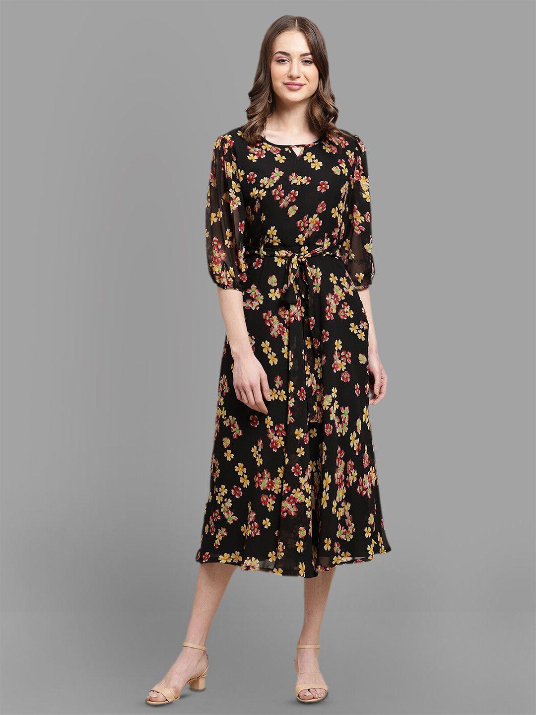 baesd floral printed puff sleeve georgette a-line midi dress