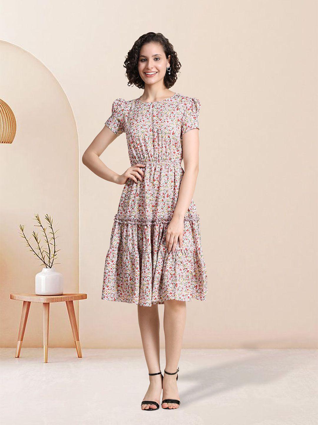 baesd floral printed puff sleeves gathered detailed fit & flare dress