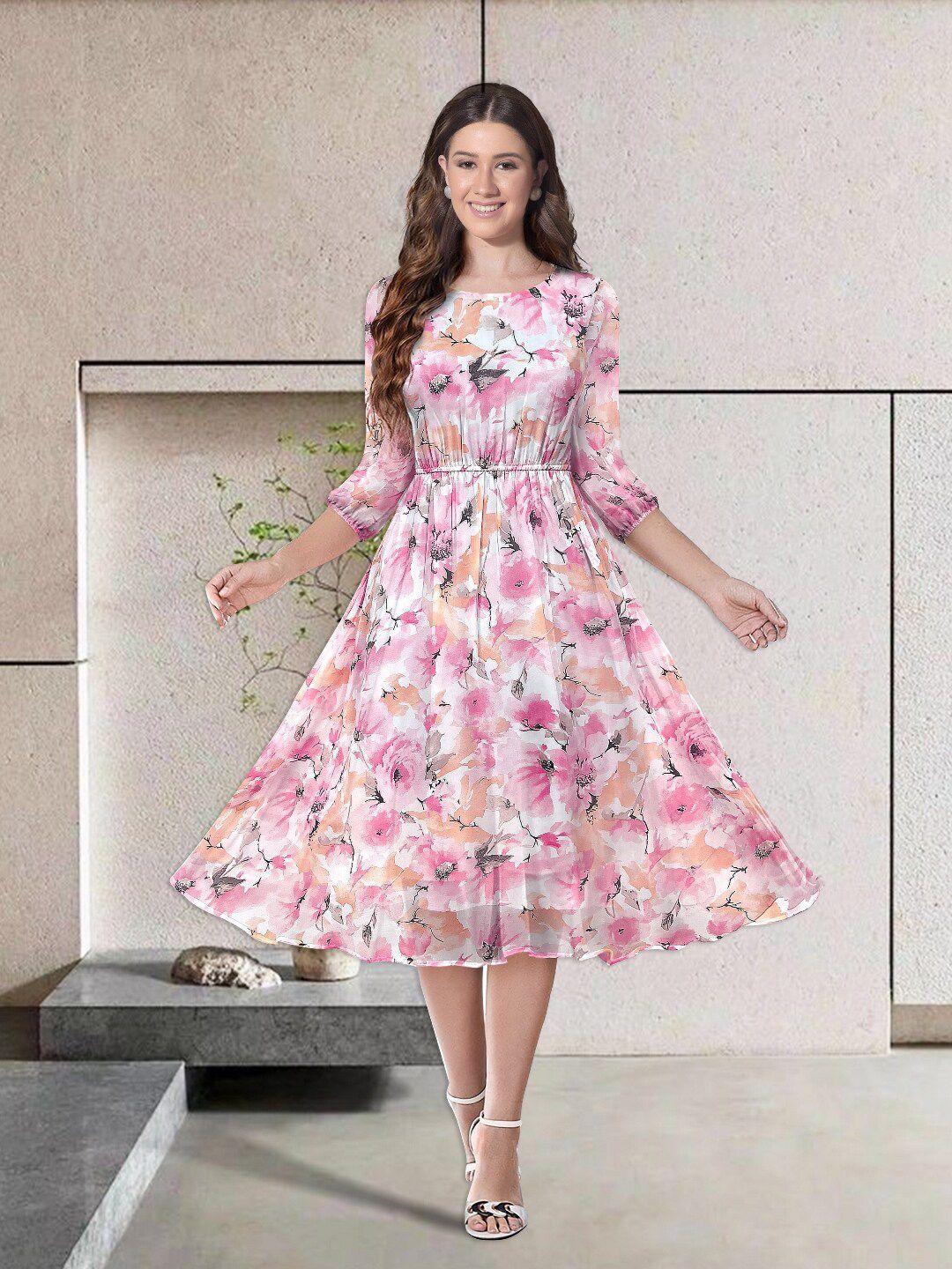 baesd floral printed puff sleeves georgette fit and flare dress