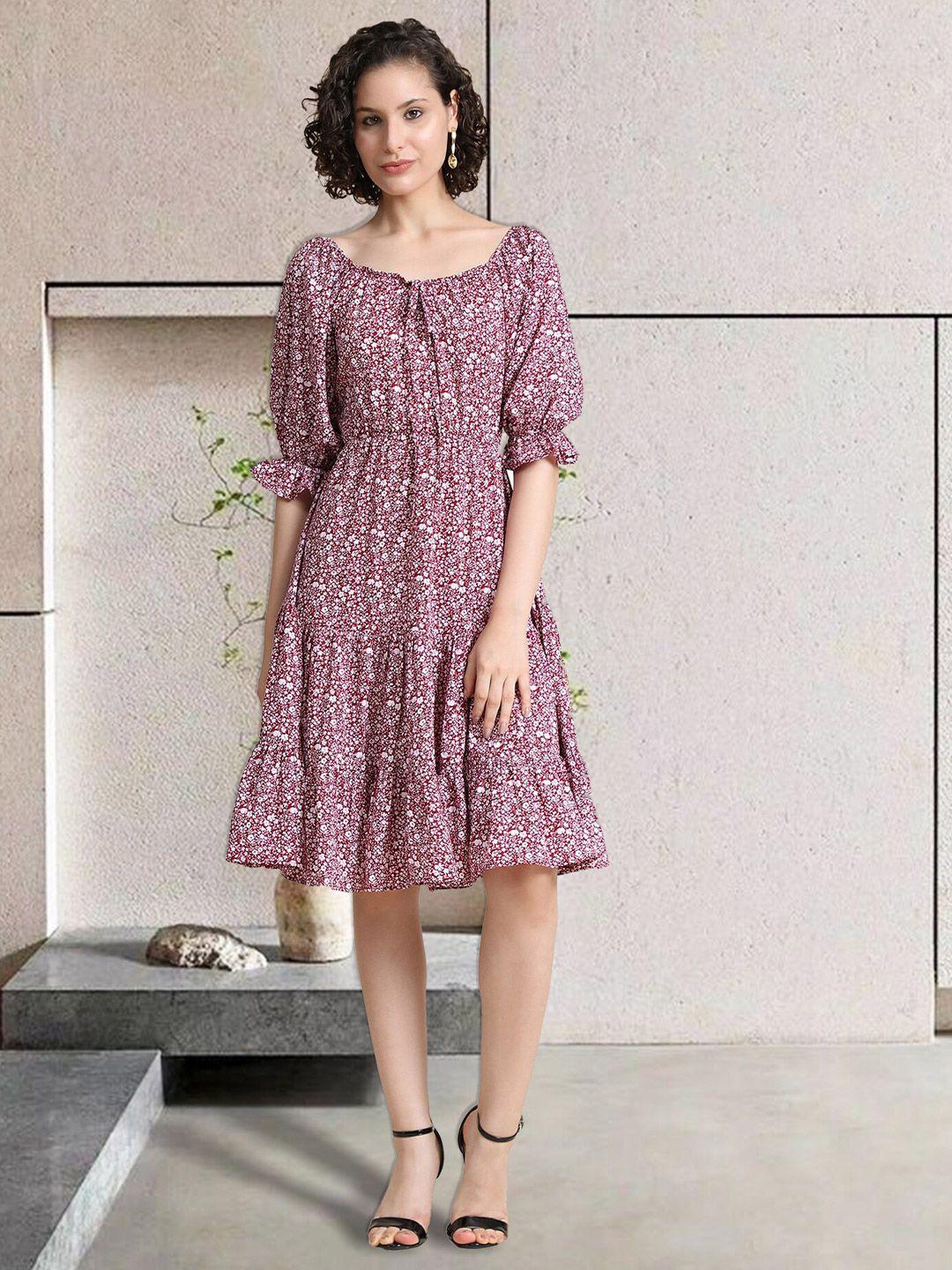 baesd floral printed puff sleeves tiered fit & flare dress