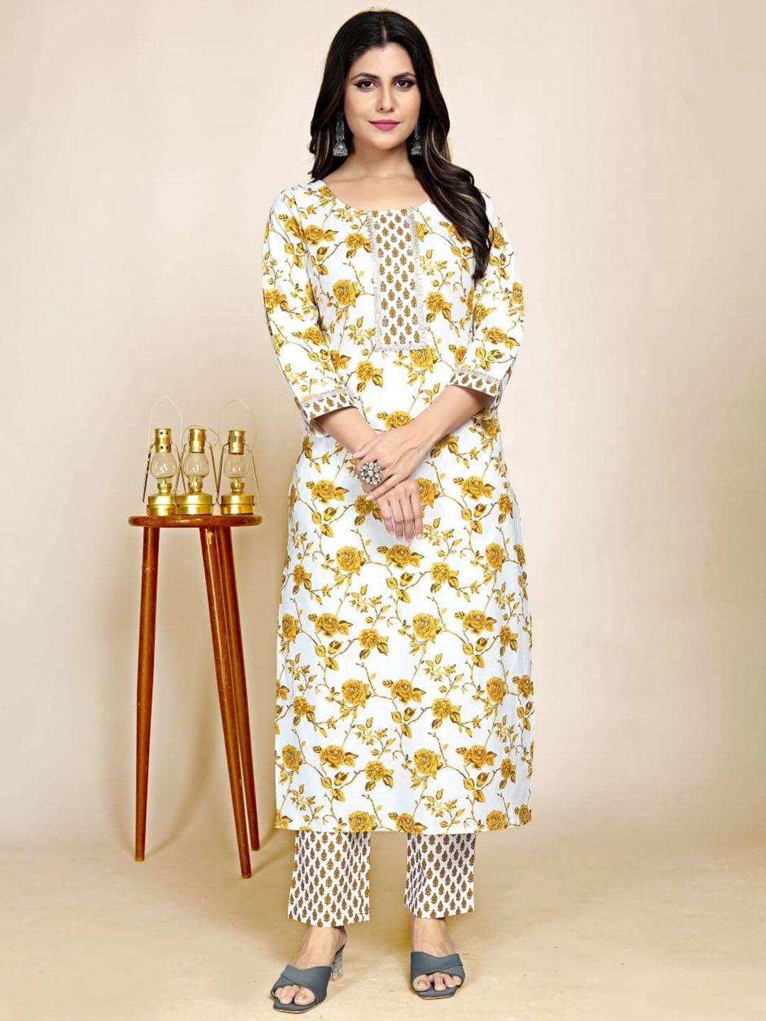 baesd floral printed pure cotton sequined pure cotton kurta with trousers