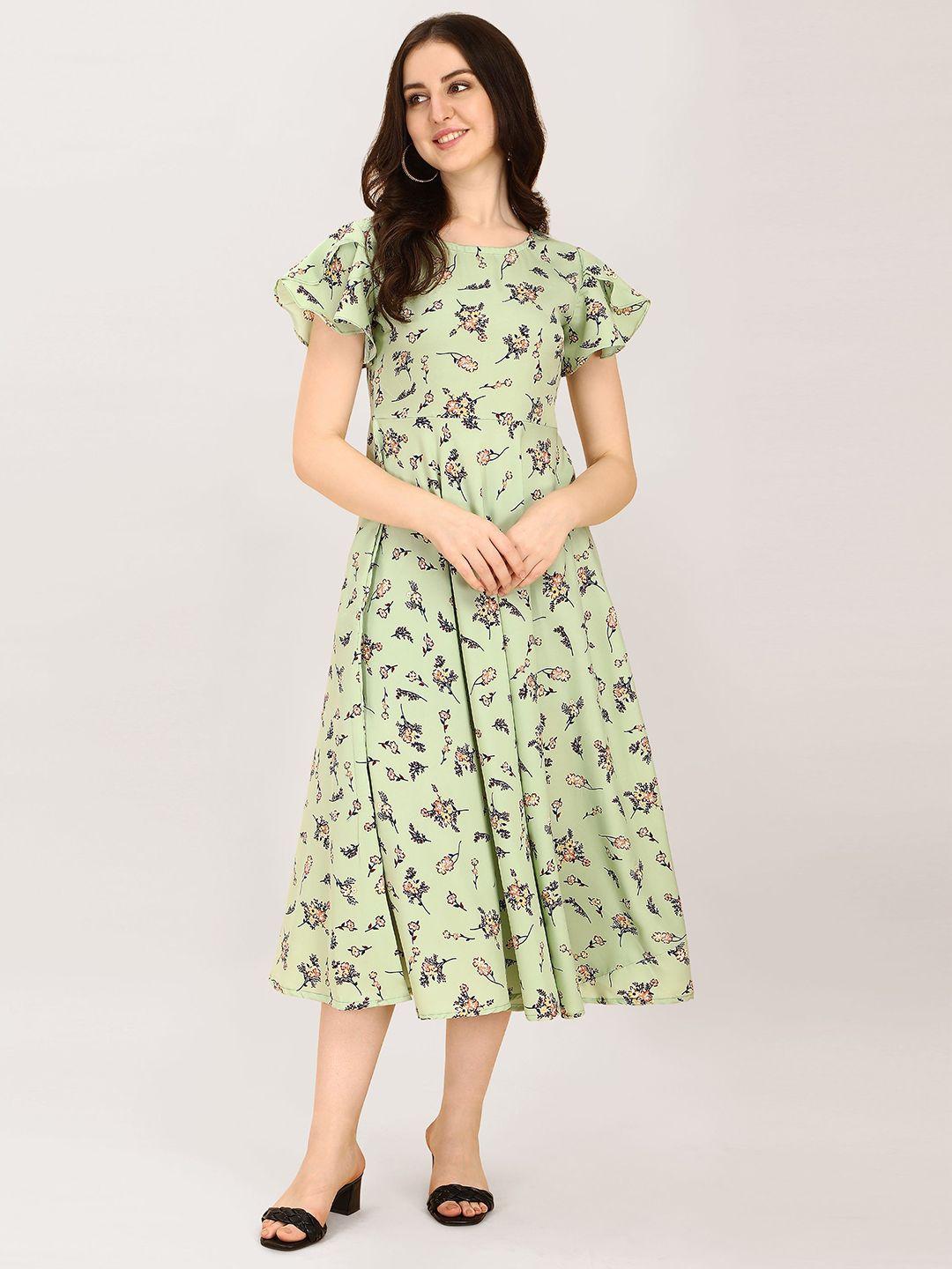 baesd floral printed round neck flared sleeves a-line dress