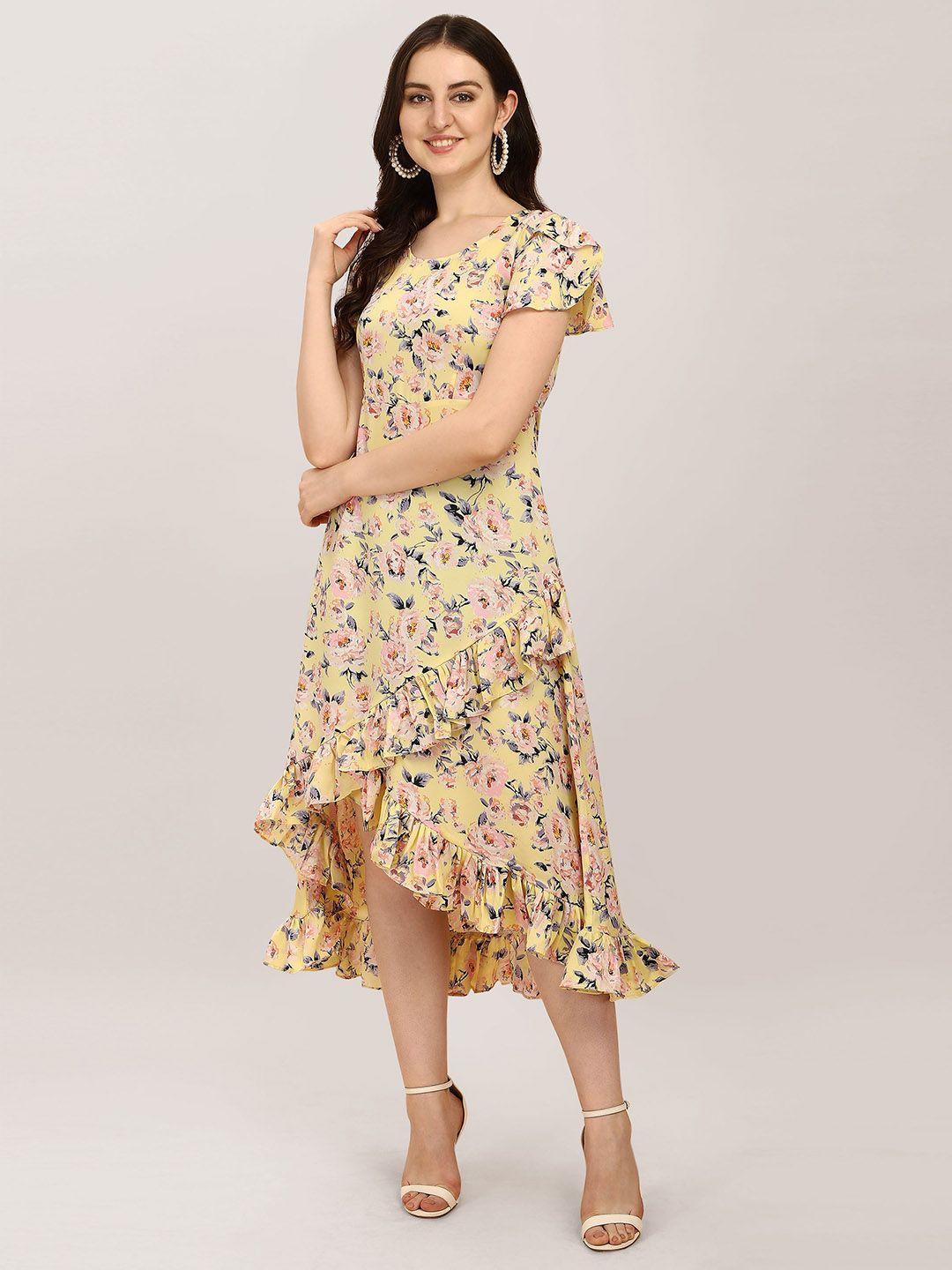 baesd floral printed round neck flutter sleeve ruffled a-line midi dress