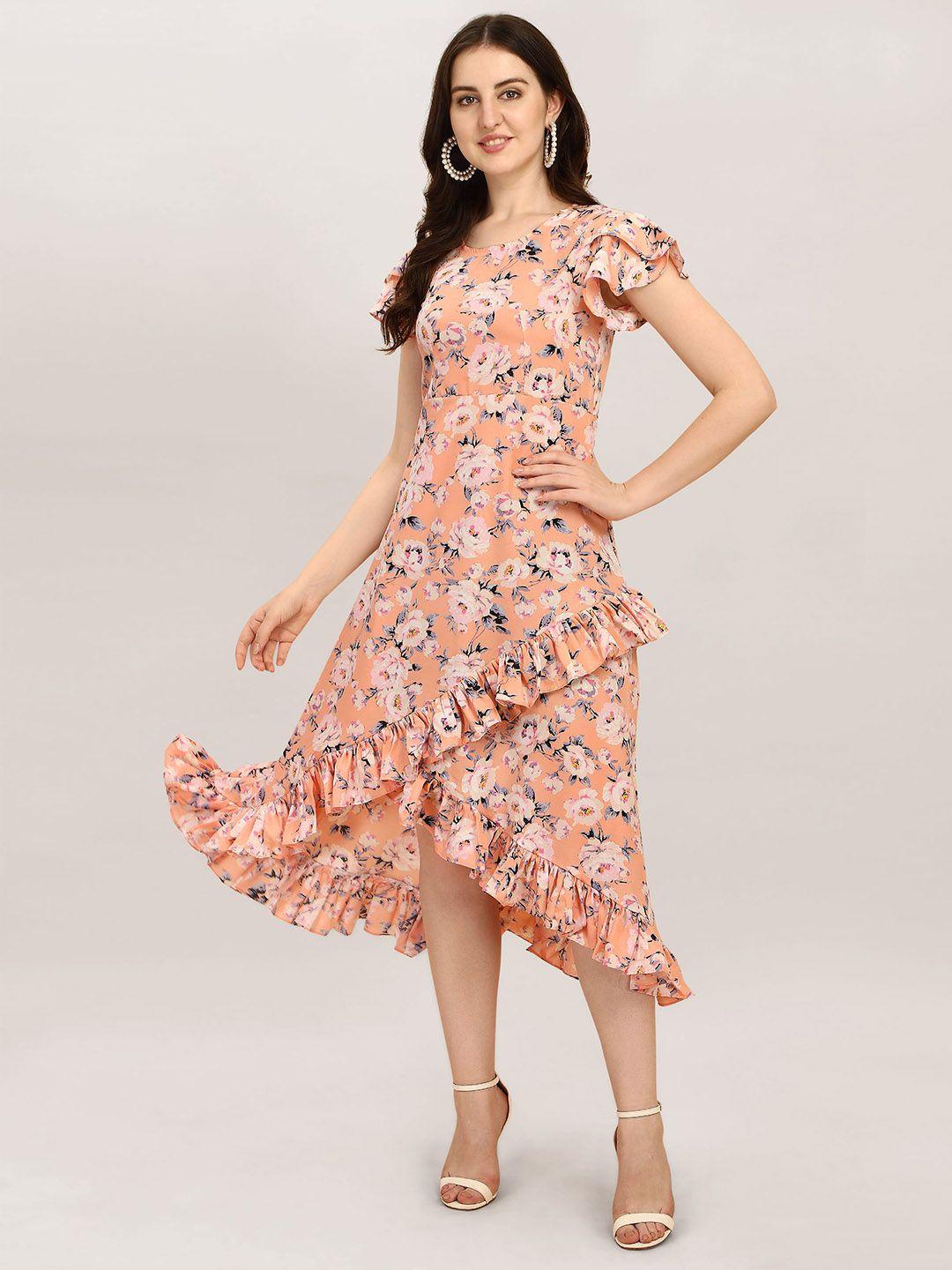 baesd floral printed round neck flutter sleeve ruffled a-line midi dress