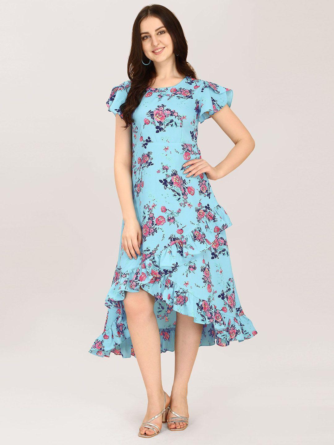baesd floral printed round neck flutter sleeve ruffled a-line midi dress