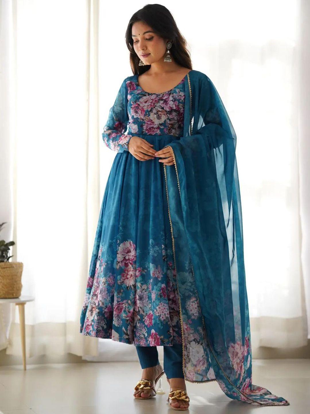 baesd floral printed round neck gotta patti anarkali kurta with trousers & dupatta