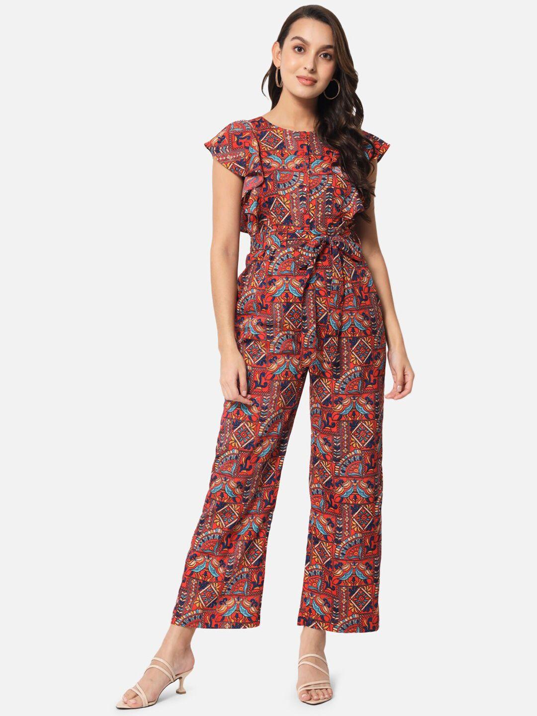 baesd floral printed ruffled waist tie-up basic jumpsuit