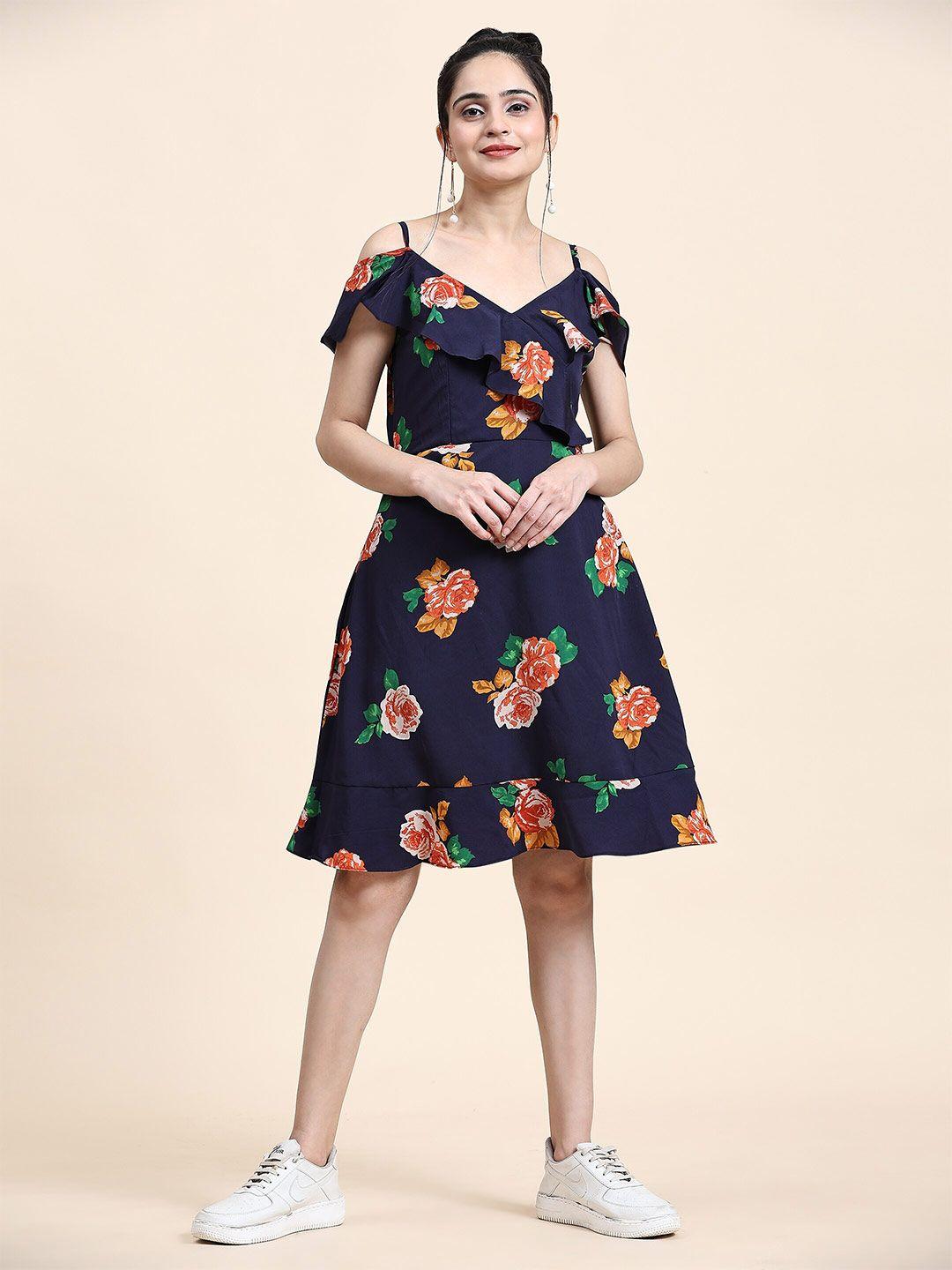 baesd floral printed ruffles detailed cold-shoulder sleeves fit & flare dress