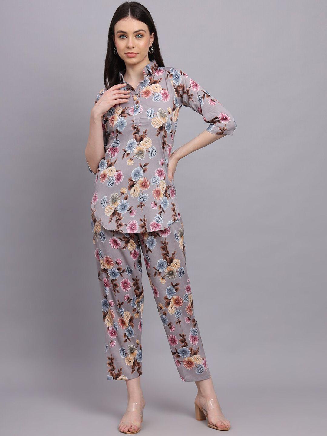 baesd floral printed shirt collar top & trousers