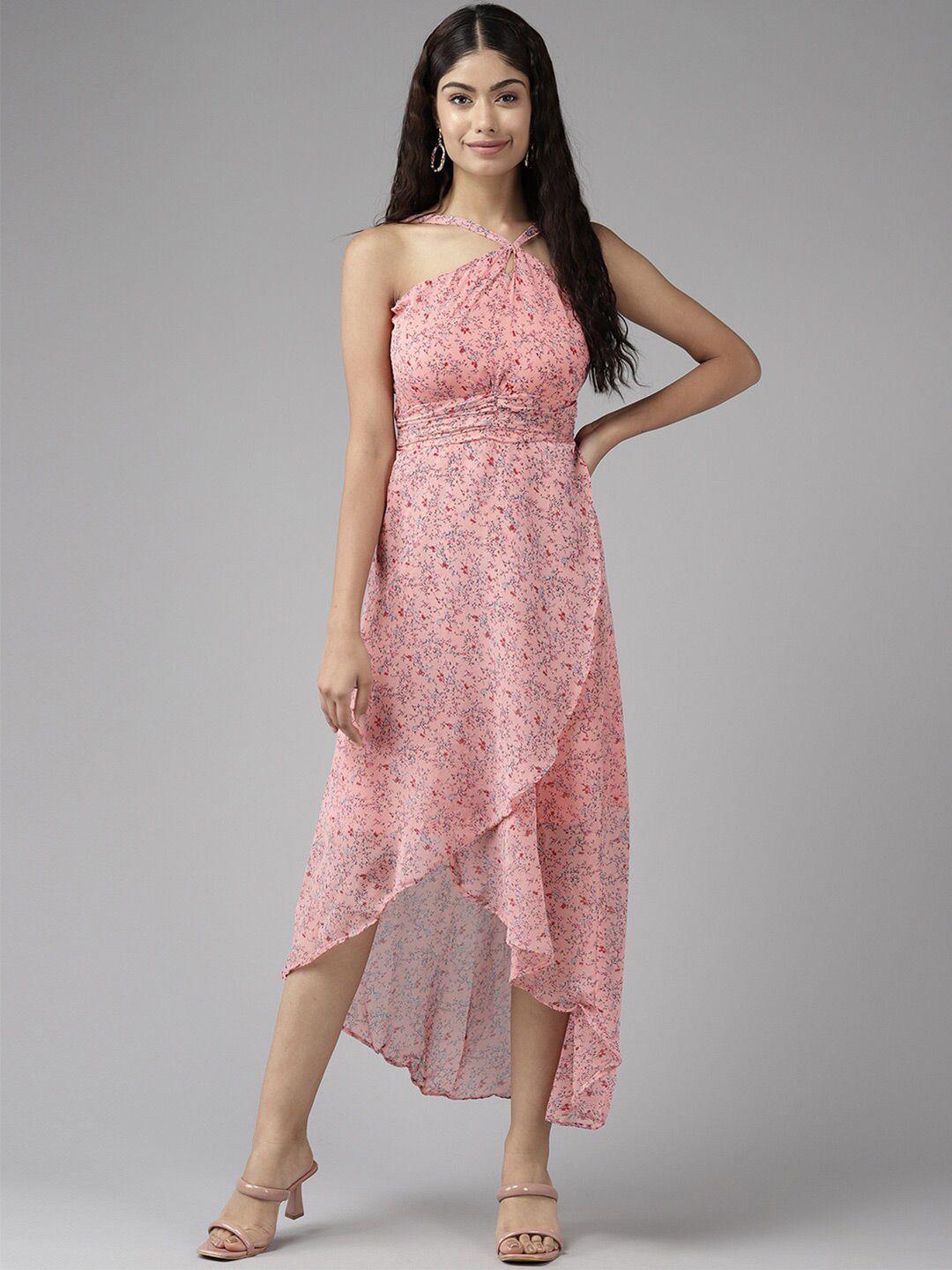 baesd floral printed shoulder straps pleated a-line midi dress