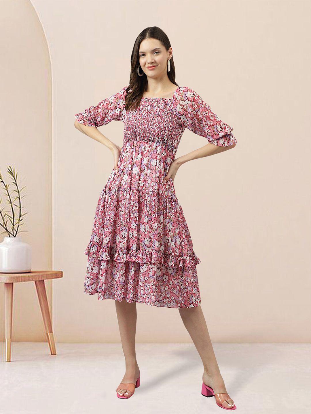 baesd floral printed smocked georgette tiered fit and flare midi dress