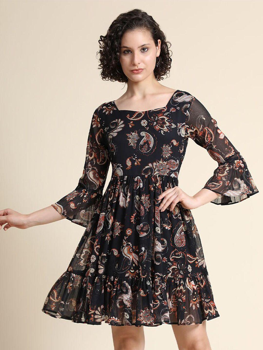 baesd floral printed square neck bell sleeve fit & flare dress