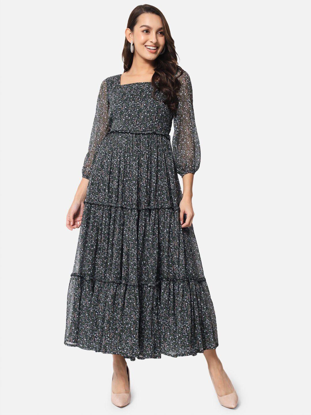 baesd floral printed square neck puff sleeves maxi dress