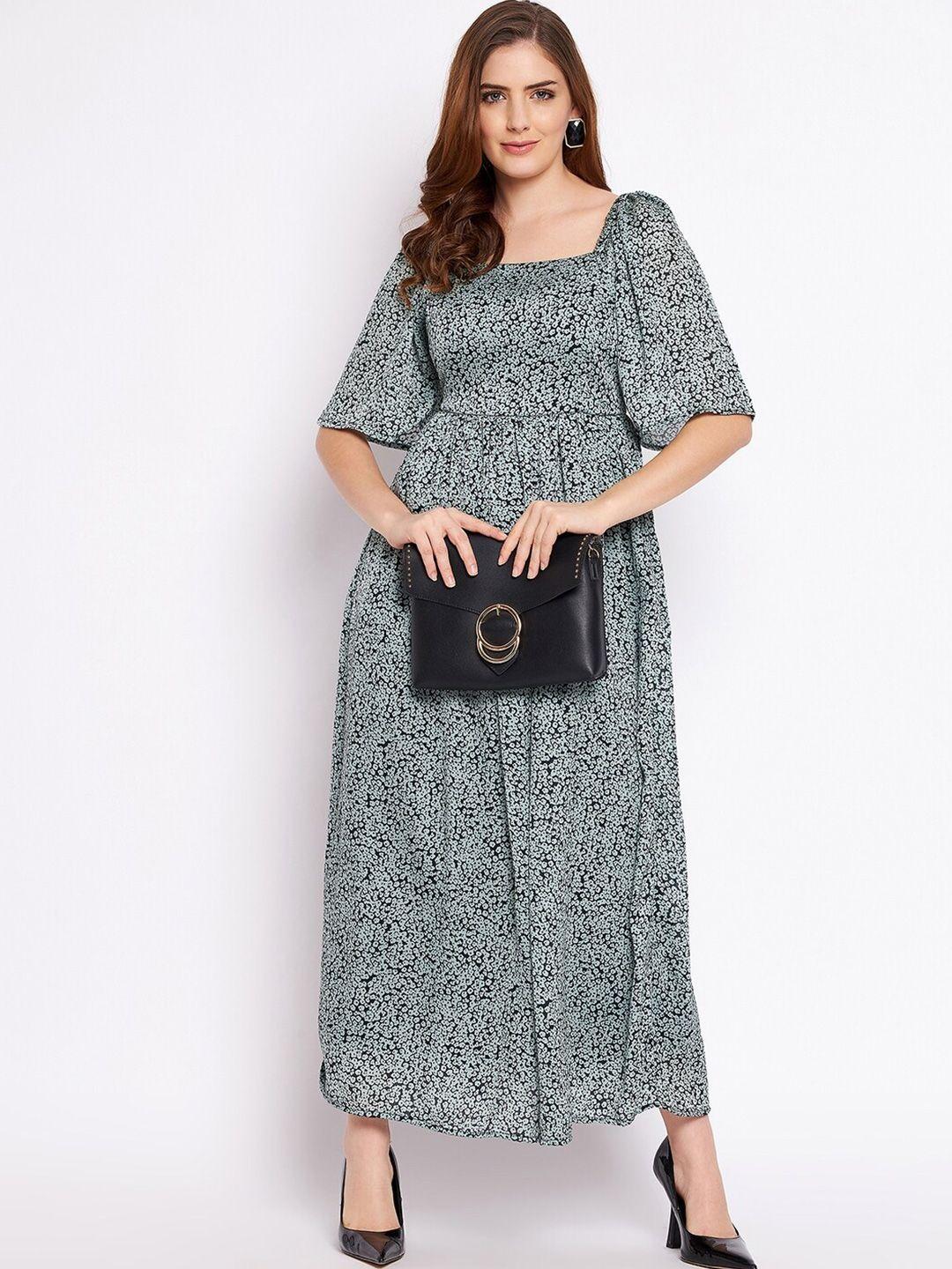 baesd floral printed square neck puffed sleeves cotton fit and flare maxi dress