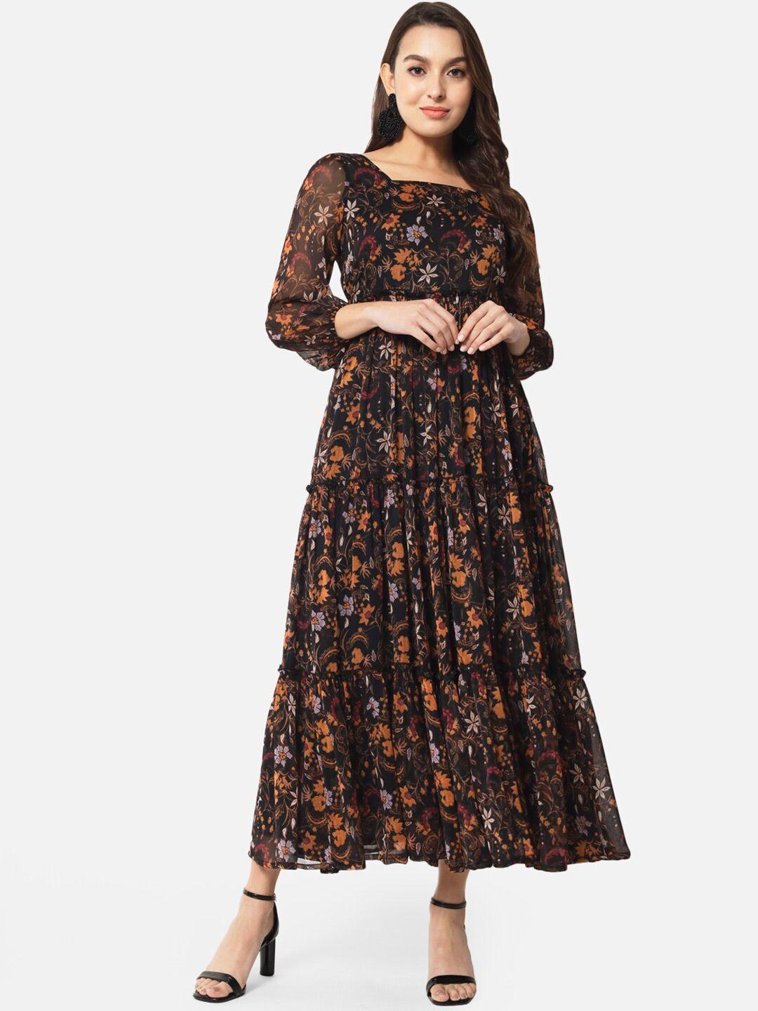 baesd floral printed square neck puffed sleeves georgette fit & flare maxi dress