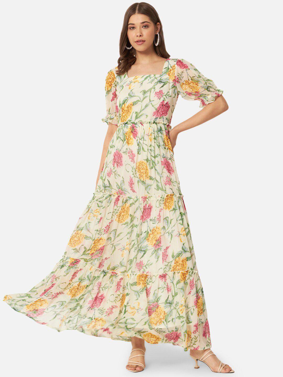 baesd floral printed square neck puffed sleeves georgette fit and flare maxi dress