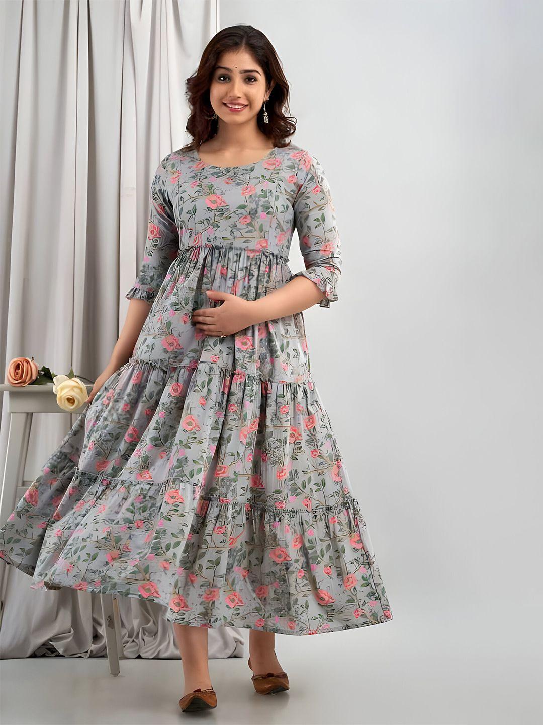 baesd floral printed thread work round neck anarkali maternity kurta