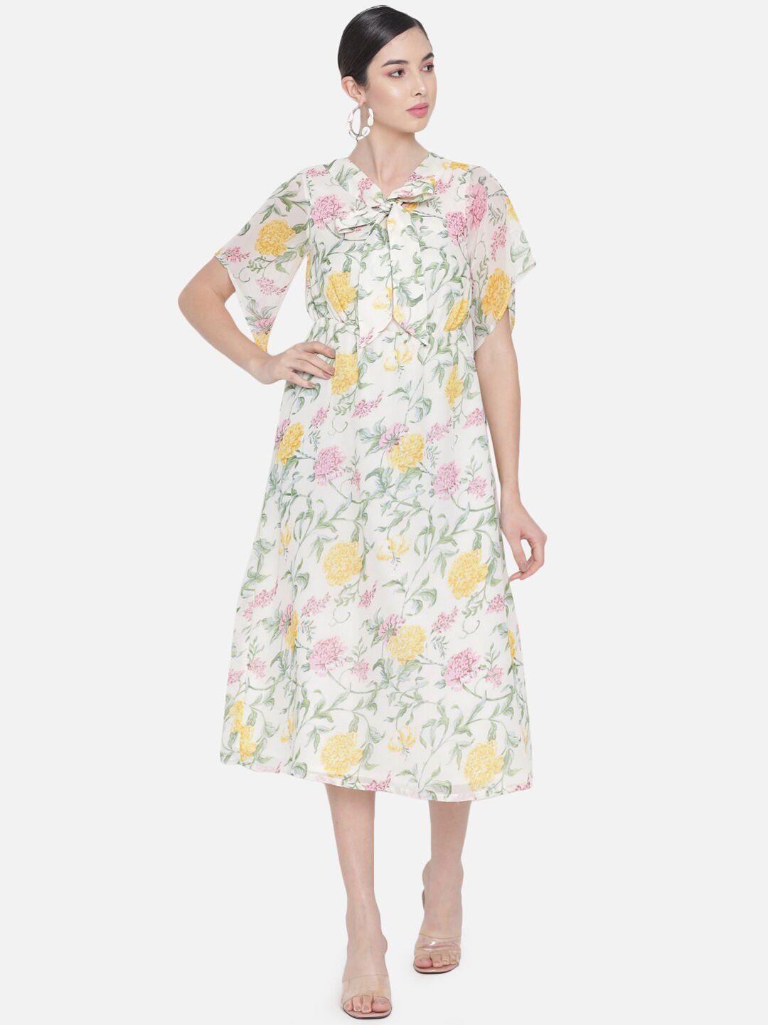 baesd floral printed tie-up neck flared sleeves a-line midi dress