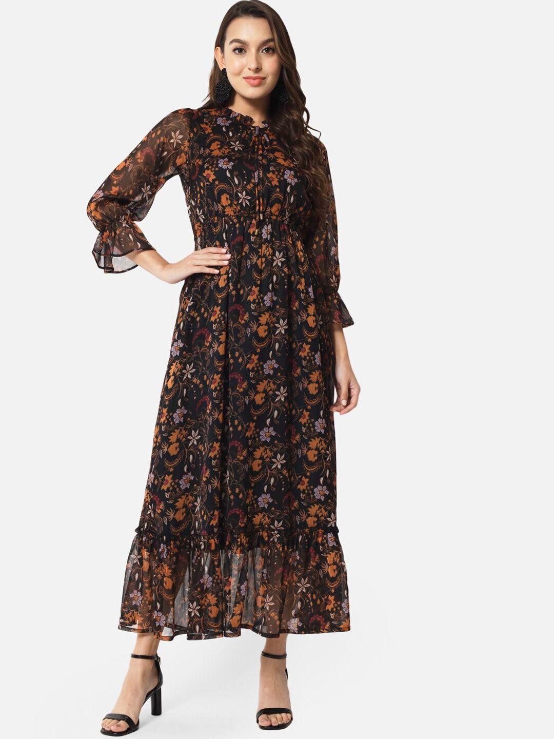 baesd floral printed tie-up neck puffed sleeves georgette fit & flare maxi dress