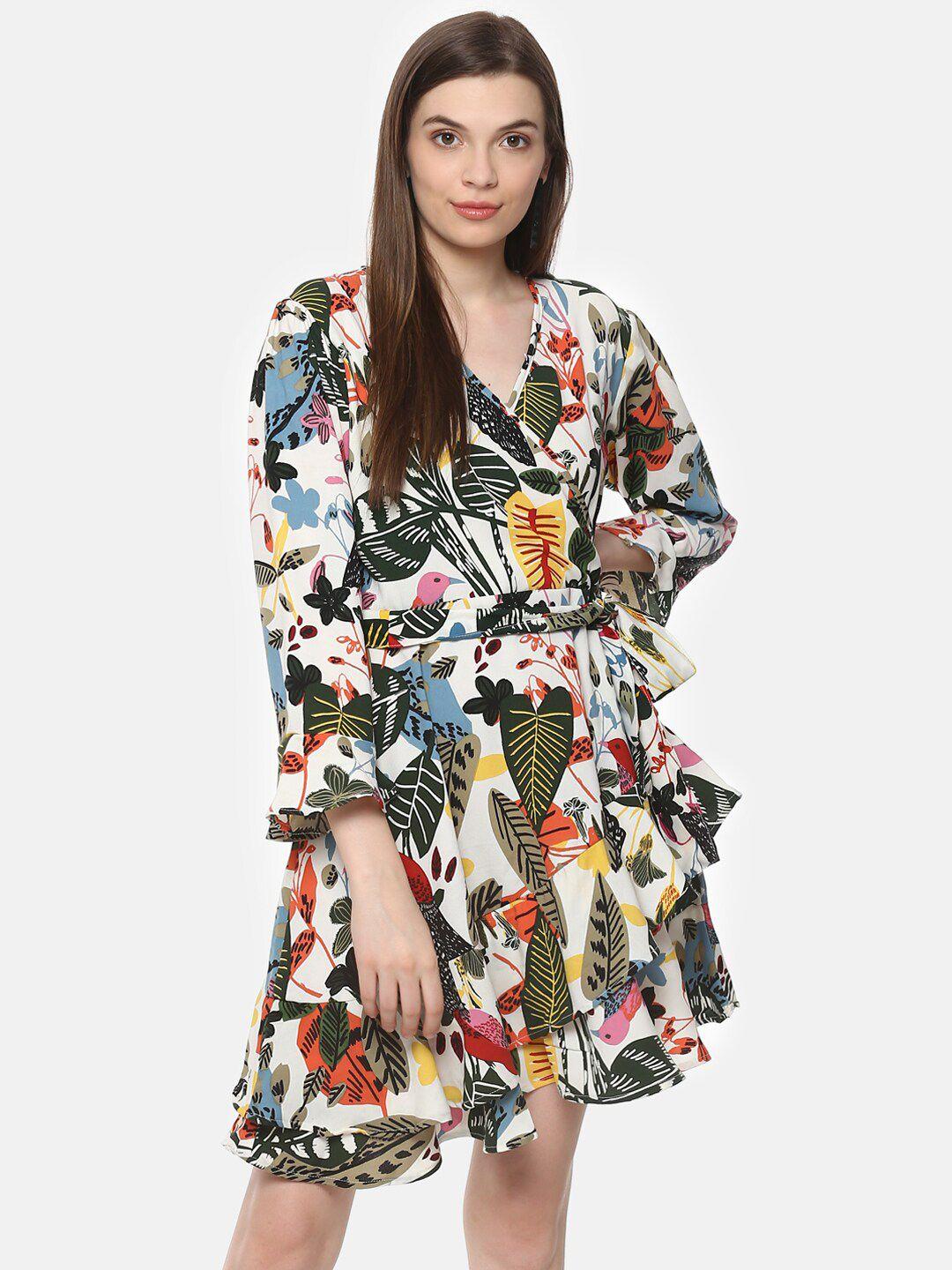 baesd floral printed v-neck bell sleeves fit & flare mini dress