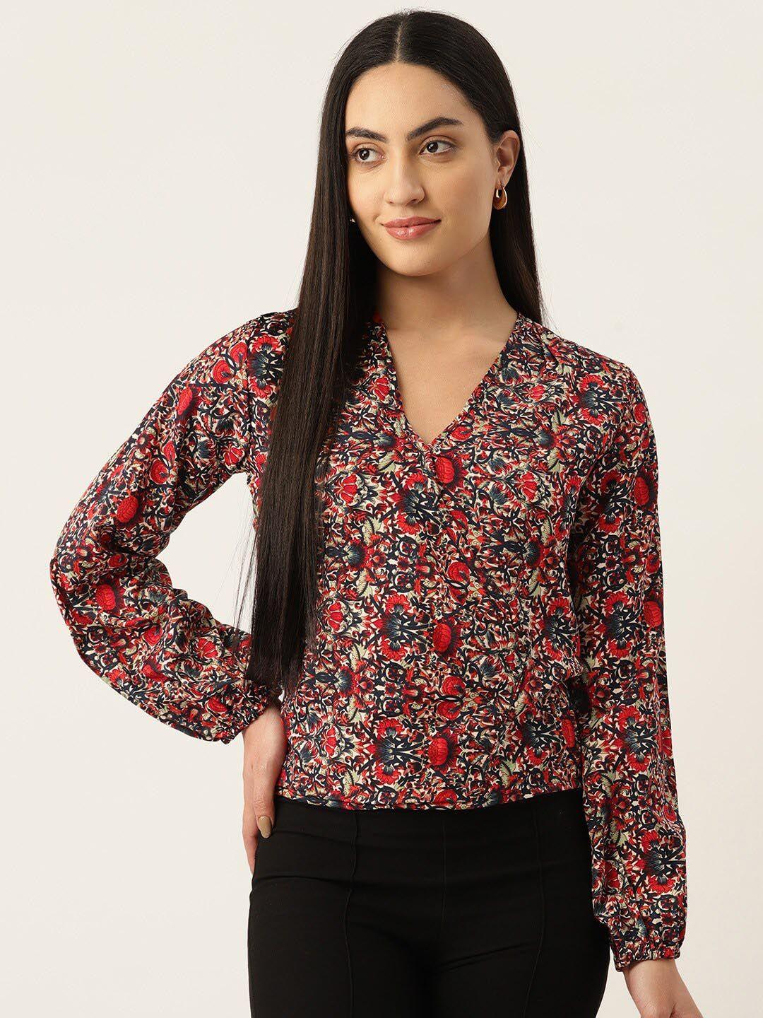 baesd floral printed v-neck cuffed sleeves cotton top