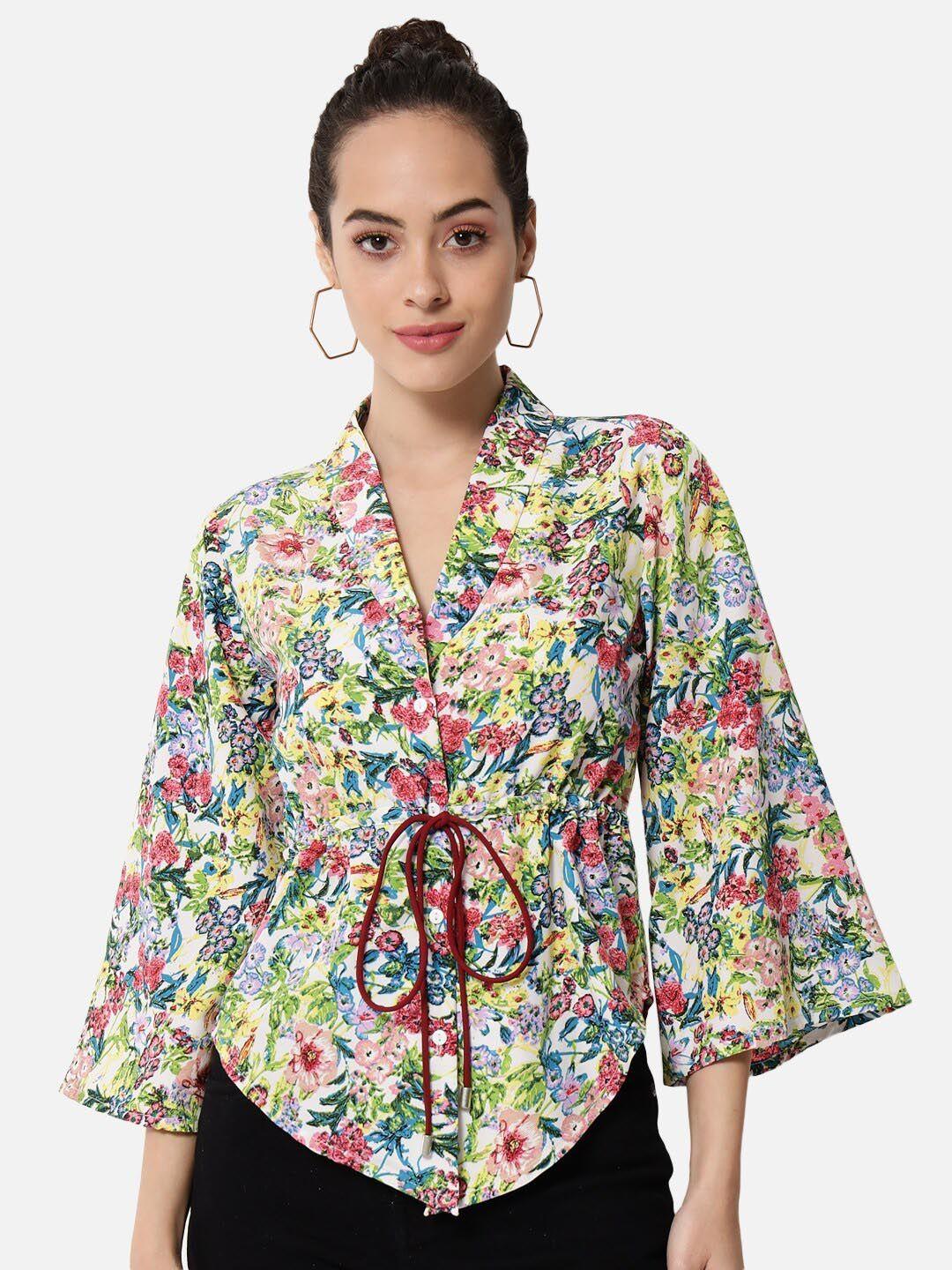 baesd floral printed v-neck flared sleeves cinched waist top