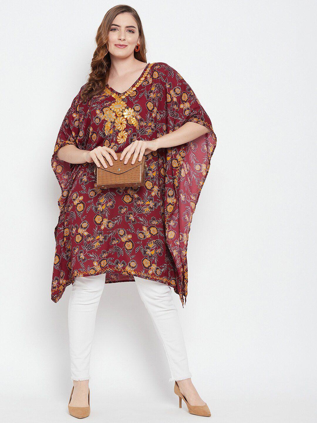 baesd floral printed v-neck kimono sleeve kaftan top