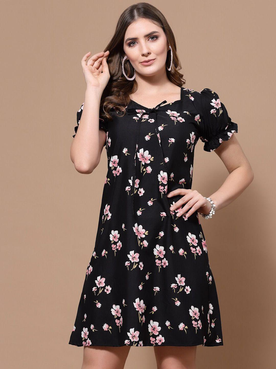 baesd floral printed v-neck puff sleeve tie-ups a-line dress