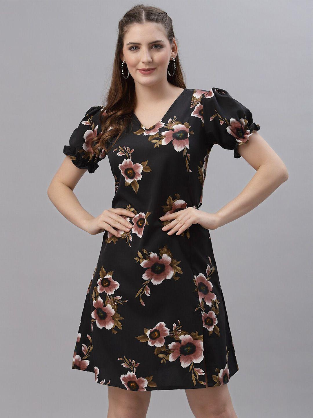 baesd floral printed v-neck puff sleeves a-line dress