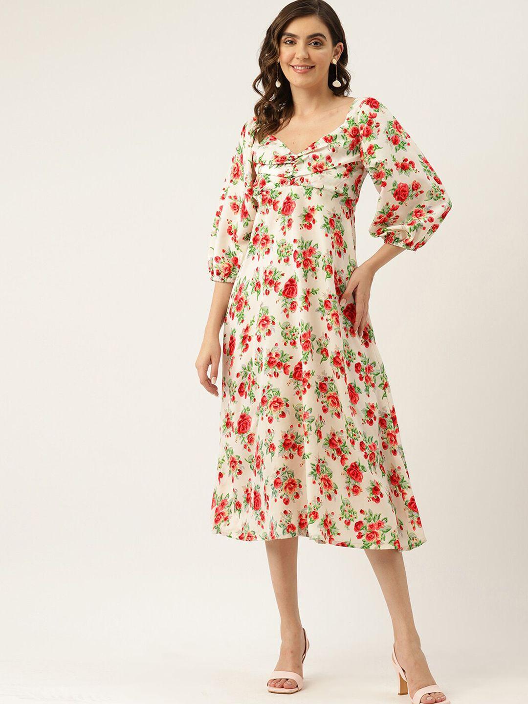 baesd floral printed v-neck puff sleeves a-line midi dress