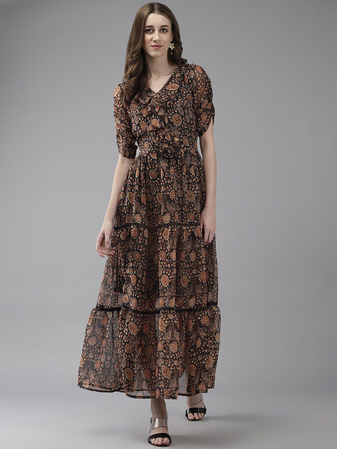 baesd floral printed v-neck ruched sleeves georgette ruffled maxi dress