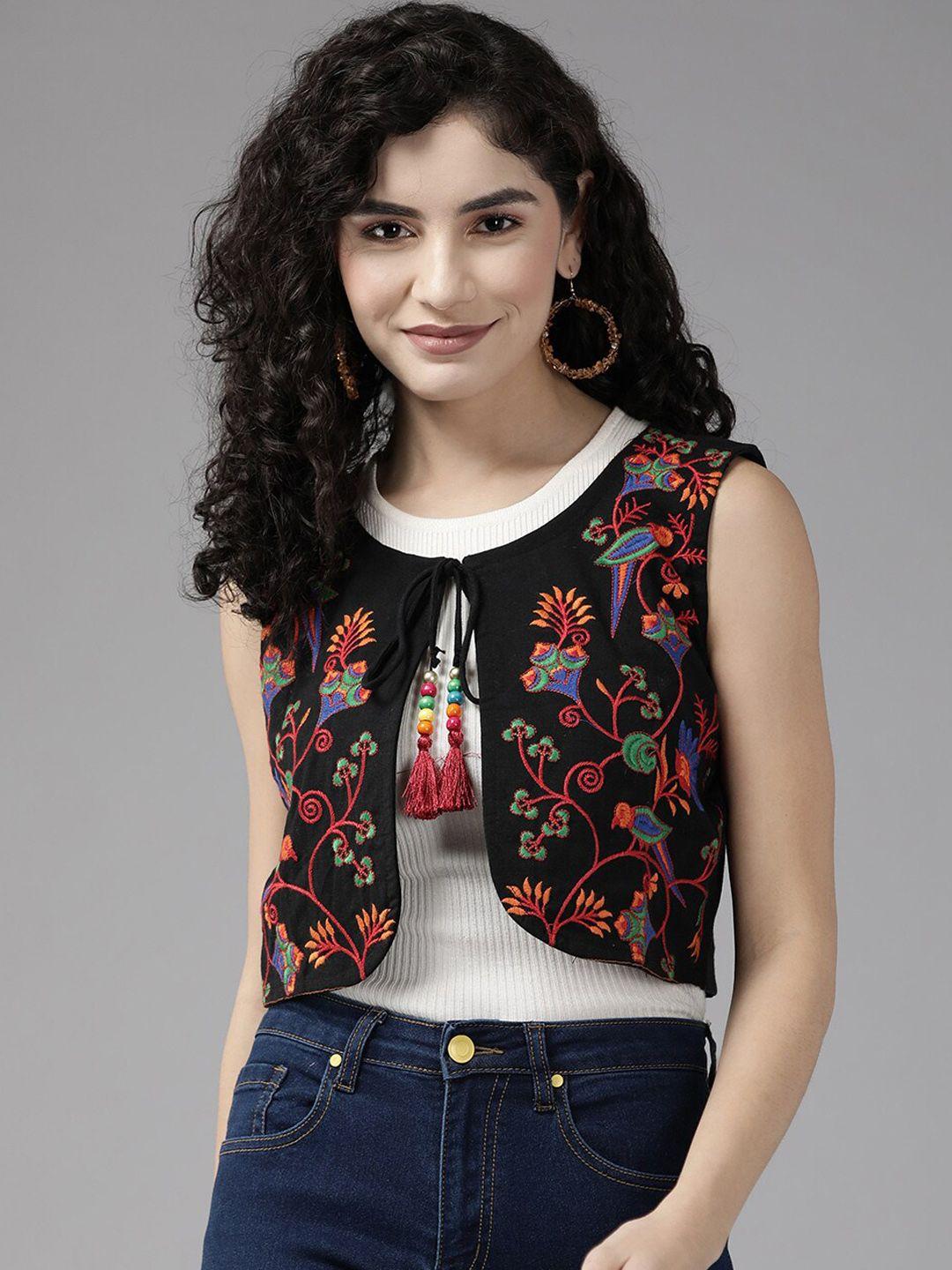 baesd floral self design embroidered crop cotton tailored jacket