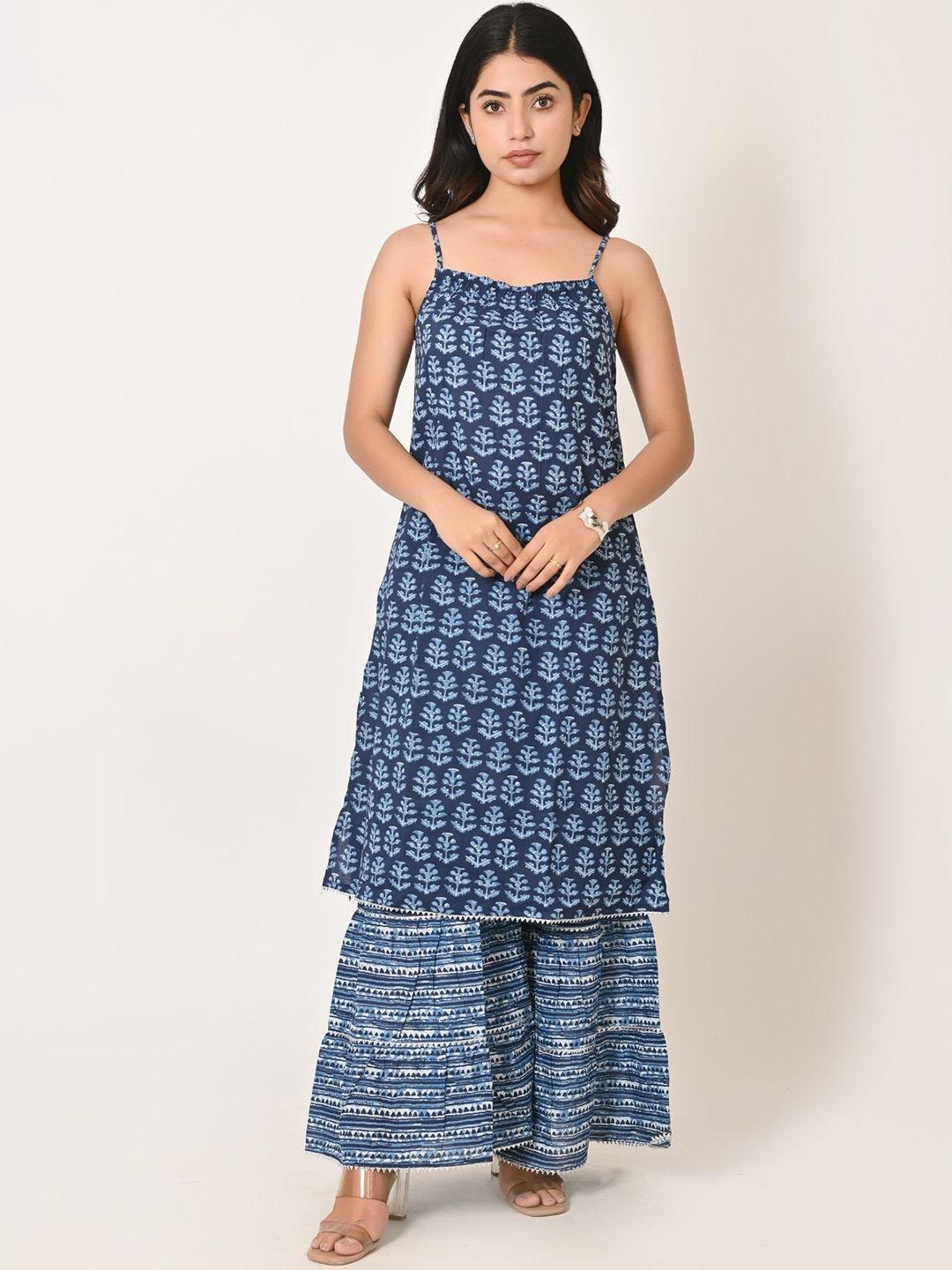 baesd floral shoulder straps sleeveless printed regular pure cotton kurta with sharara