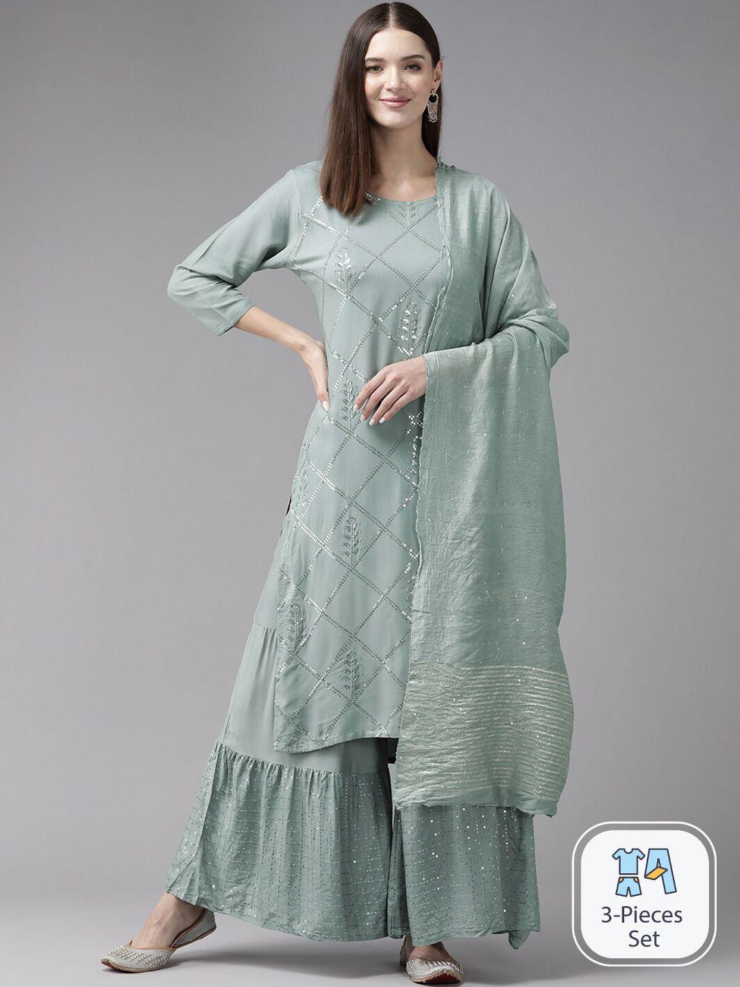 baesd geometric embroidered sequinned pure cotton straight kurta & sharara with dupatta