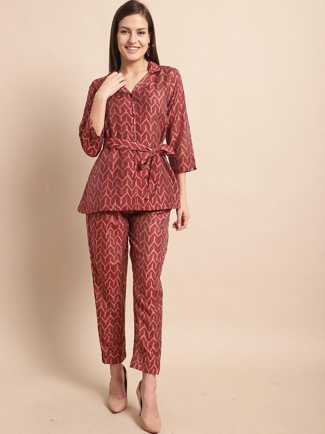 baesd geometric printed lapel collar pure silk shirt & trousers