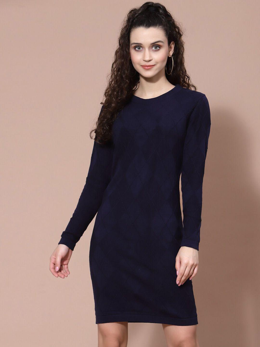 baesd geometric self designed round neck long sleeves cotton sheath dress